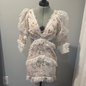 For Love And Lemons Floral Lace Mini Dress - Pink and White